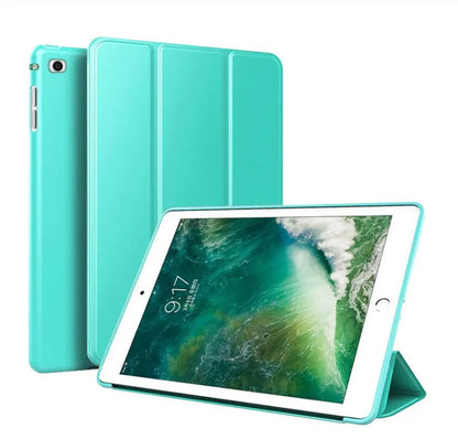 Black silicone clamshell case with stand open for a 9.7-inch iPad tablet
