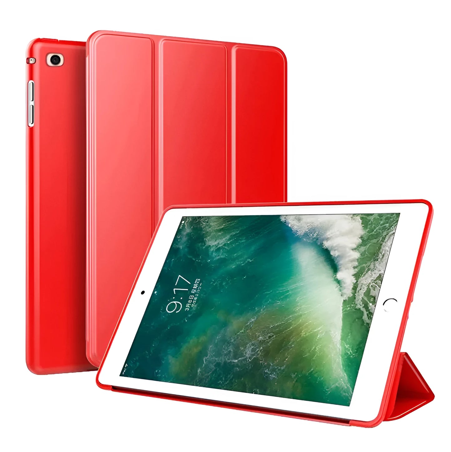 Black silicone clamshell case with stand open for a 9.7-inch iPad tablet
