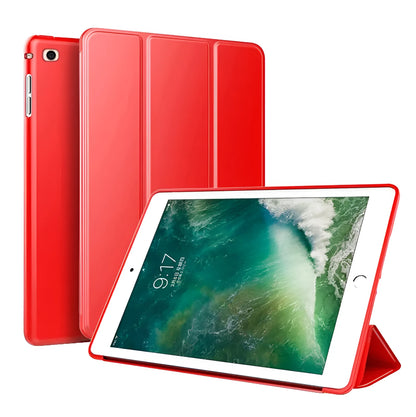 Black silicone clamshell case with stand open for a 9.7-inch iPad tablet