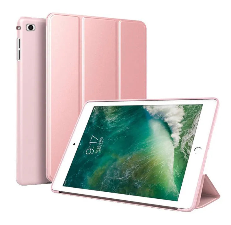 Black silicone clamshell case with stand open for a 9.7-inch iPad tablet