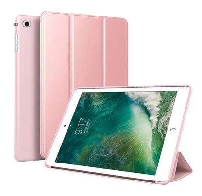 Black silicone clamshell case with stand open for a 9.7-inch iPad tablet