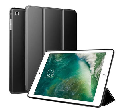 Black silicone clamshell case with stand open for a 9.7-inch iPad tablet