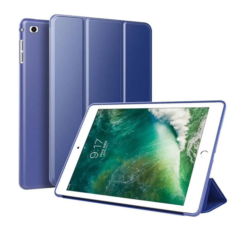 Black silicone clamshell case with stand open for a 9.7-inch iPad tablet