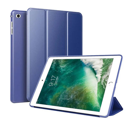 Black silicone clamshell case with stand open for a 9.7-inch iPad tablet