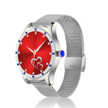Ladies fashion smart watch with colour screen showing health metrics on wrist