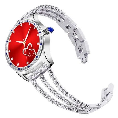 Ladies fashion smart watch with colour screen showing health metrics on wrist
