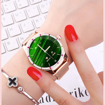 Ladies fashion smart watch with colour screen showing health metrics on wrist