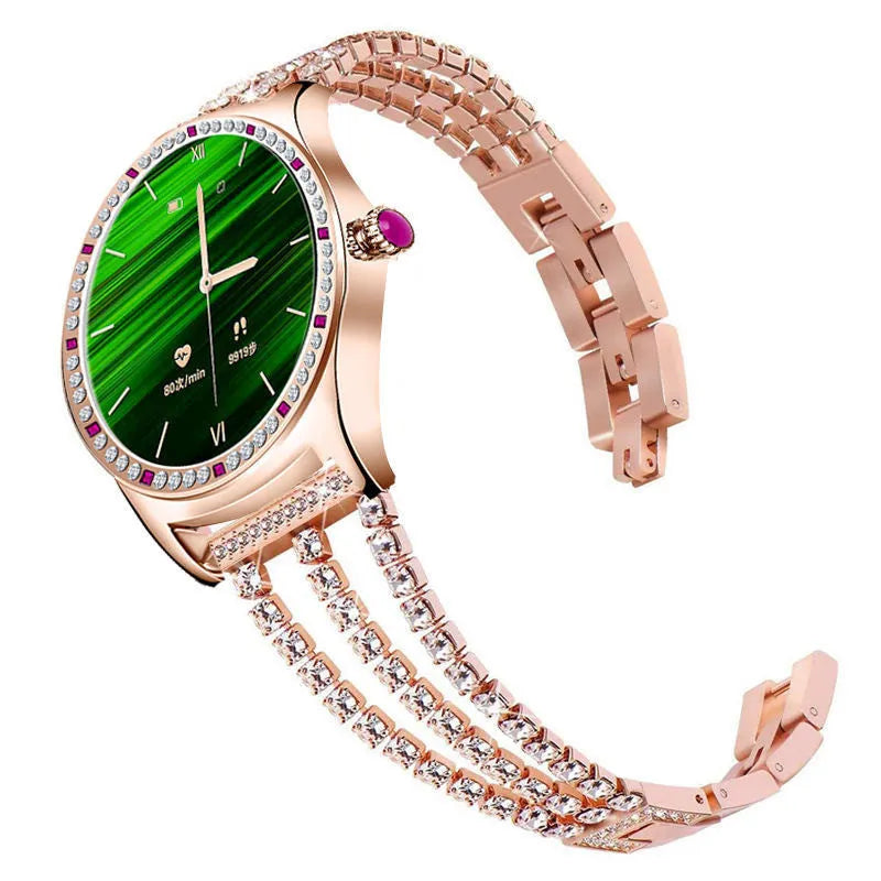 Ladies fashion smart watch with colour screen showing health metrics on wrist