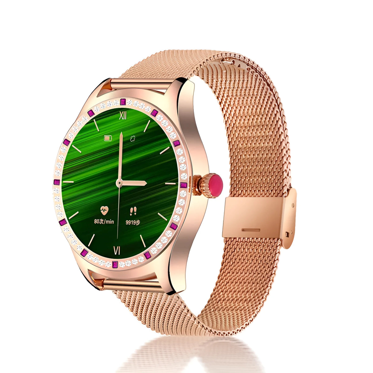 Ladies fashion smart watch with colour screen showing health metrics on wrist