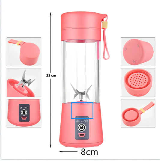Rechargeable 400ml portable electric juicer cup in black, 8x8x22.5cm size, blending fruits with safety switch