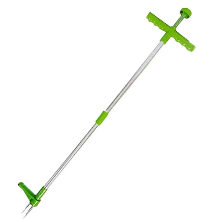 Aluminium and plastic manual weed puller tool for garden use, shown with its instruction booklet.
