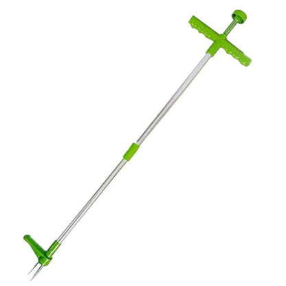 Aluminium and plastic manual weed puller tool for garden use, shown with its instruction booklet.