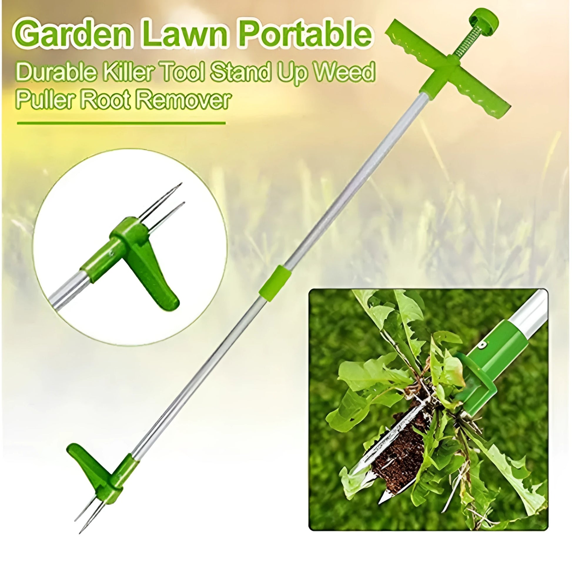 Aluminium and plastic manual weed puller tool for garden use, shown with its instruction booklet.