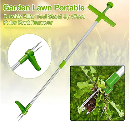 Aluminium and plastic manual weed puller tool for garden use, shown with its instruction booklet.