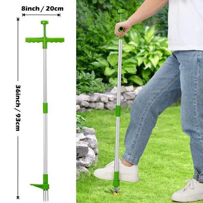 Aluminium and plastic manual weed puller tool for garden use, shown with its instruction booklet.