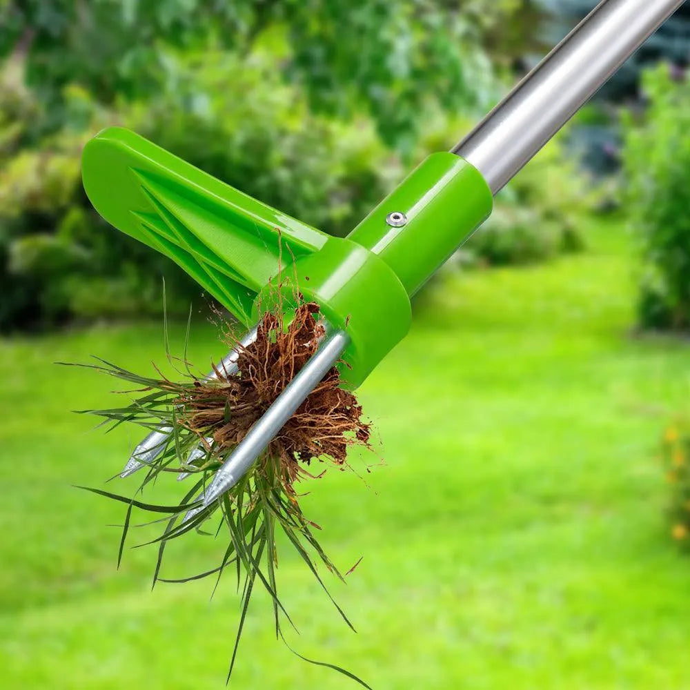 Aluminium and plastic manual weed puller tool for garden use, shown with its instruction booklet.