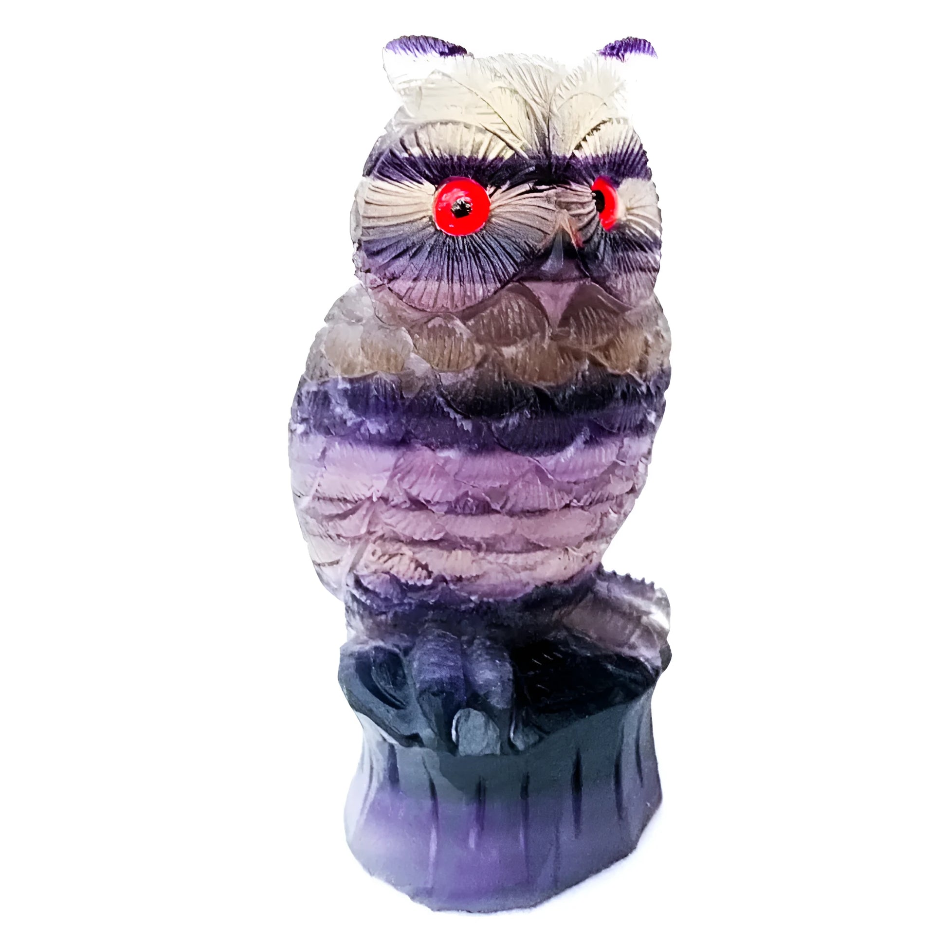Hand-carved purple fluorite stone owl ornament on a neutral background, showing detailed carving.