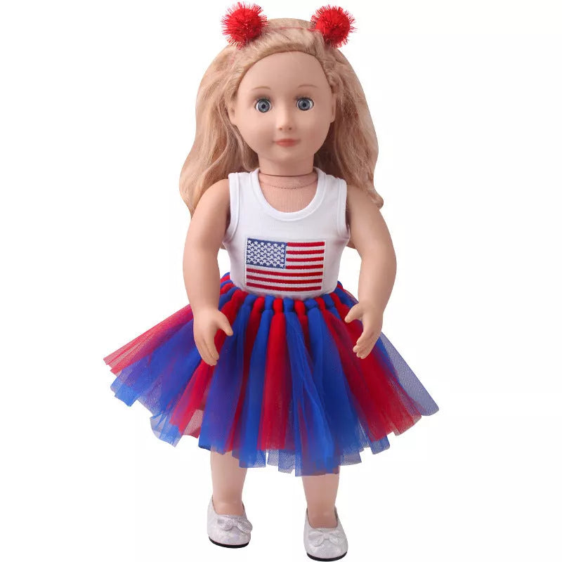 18-inch American Girl Doll clothes set with printed short sleeve, veil skirt, and hair accessories