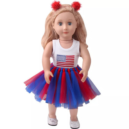 18-inch American Girl Doll clothes set with printed short sleeve, veil skirt, and hair accessories
