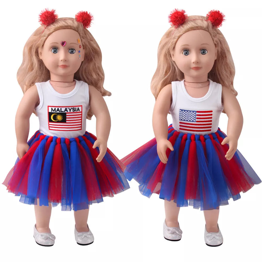 18-inch American Girl Doll clothes set with printed short sleeve, veil skirt, and hair accessories