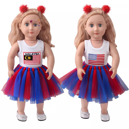18-inch American Girl Doll clothes set with printed short sleeve, veil skirt, and hair accessories