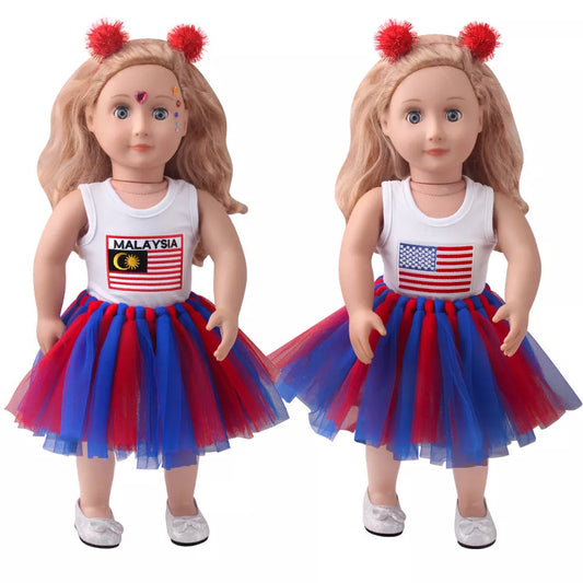 18-inch American Girl Doll clothes set with printed short sleeve, veil skirt, and hair accessories
