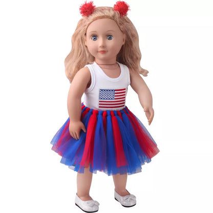 18-inch American Girl Doll clothes set with printed short sleeve, veil skirt, and hair accessories