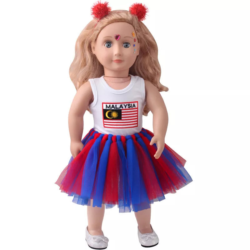 18-inch American Girl Doll clothes set with printed short sleeve, veil skirt, and hair accessories
