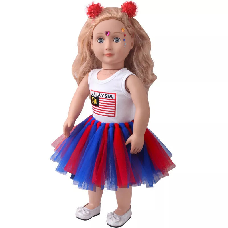18-inch American Girl Doll clothes set with printed short sleeve, veil skirt, and hair accessories