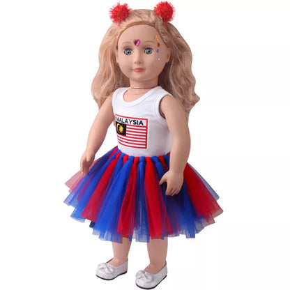 18-inch American Girl Doll clothes set with printed short sleeve, veil skirt, and hair accessories