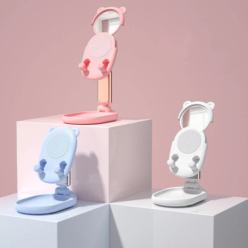 Adjustable desk phone stand with mirror for iPhones and iPads, featuring a sleek and versatile design for hands-free use and on-the-go touch-ups.