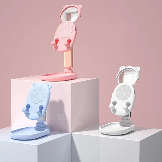 Adjustable desk phone stand with mirror for iPhones and iPads, featuring a sleek and versatile design for hands-free use and on-the-go touch-ups.