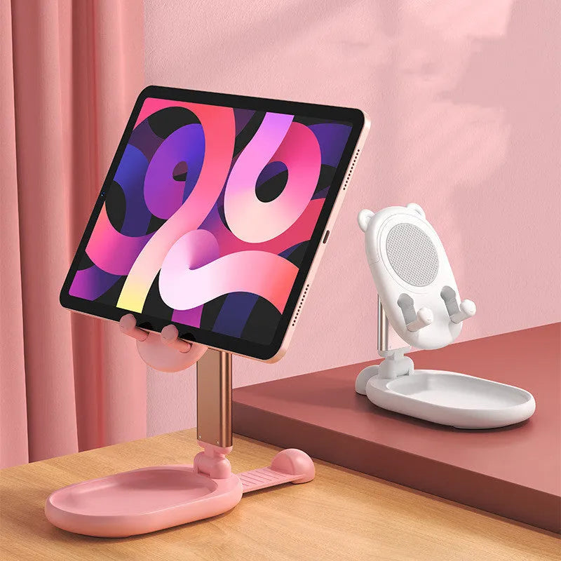 Adjustable desk phone holder tablet stand with mirror in blue colour showing foldable design