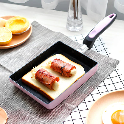 Square non-stick frying pan in blue colour showing 13×18cm dimensions and 3.5cm depth