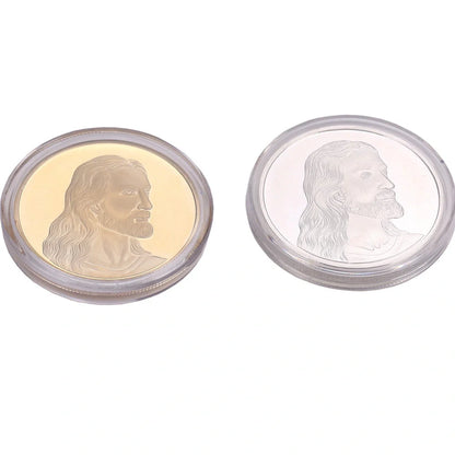 Jesus Commemorative Coin in gold and silver finishes, a spiritual keepsake for collectors and believers.