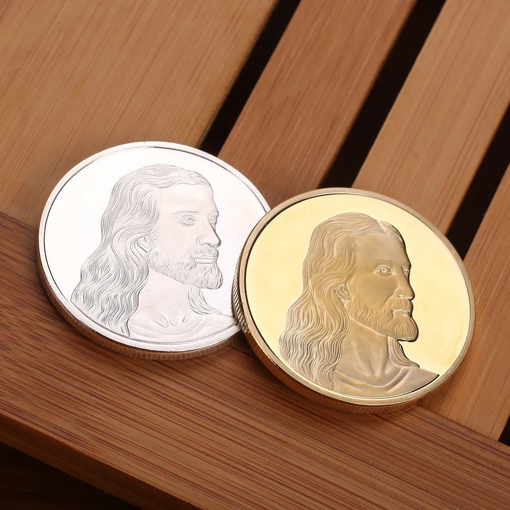 Jesus Commemorative Coin in gold and silver finishes, a spiritual keepsake for collectors and believers.