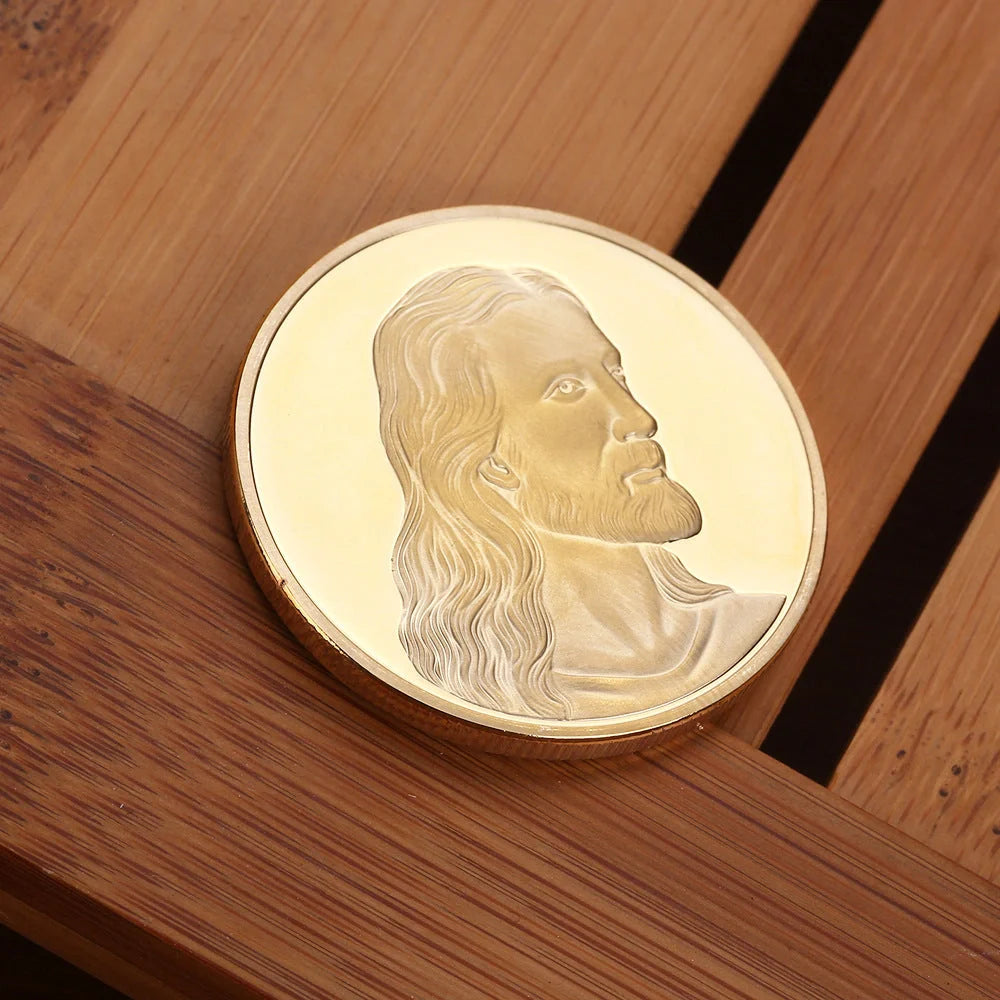 Jesus Commemorative Coin in gold and silver finishes, a spiritual keepsake for collectors and believers.