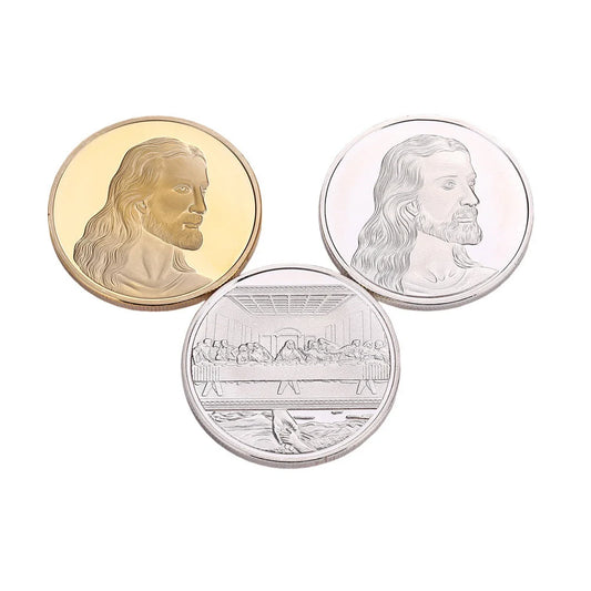 Jesus Commemorative Coin in gold and silver finishes, a spiritual keepsake for collectors and believers.