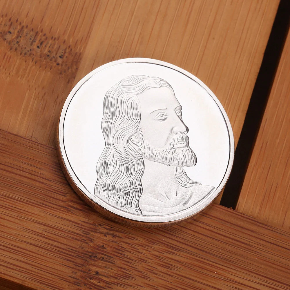 Jesus Commemorative Coin in gold and silver finishes, a spiritual keepsake for collectors and believers.