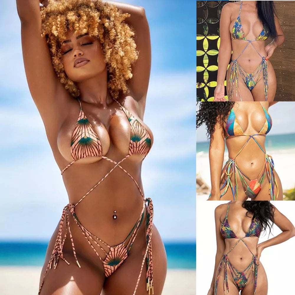 Digital Print Strappy Bikini Swimsuit with floral design and high elasticity