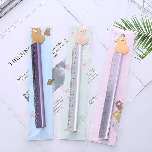 30 centimetre silver aluminum ruler with black measurement markings on a white background