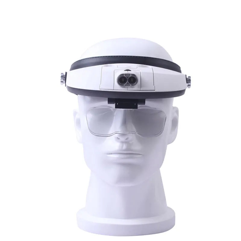 LED headband magnifier with five acrylic lenses and adjustable strap for hands-free detailed work