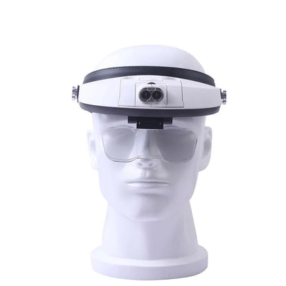 LED headband magnifier with five acrylic lenses and adjustable strap for hands-free detailed work