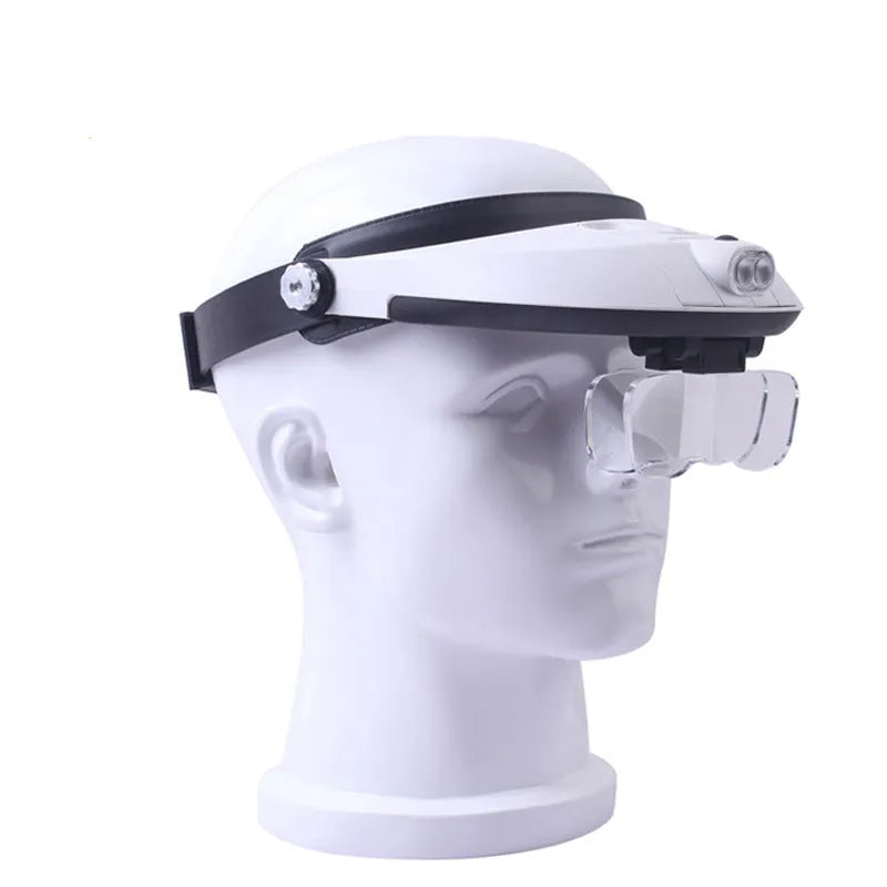 LED headband magnifier with five acrylic lenses and adjustable strap for hands-free detailed work