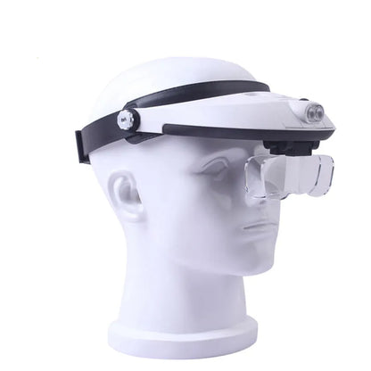 LED headband magnifier with five acrylic lenses and adjustable strap for hands-free detailed work