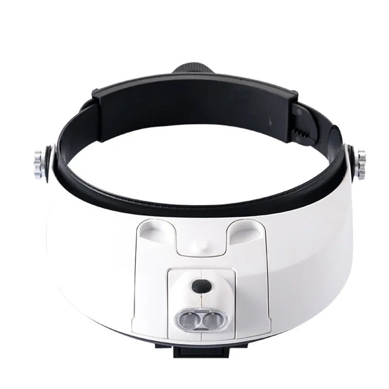 LED headband magnifier with five acrylic lenses and adjustable strap for hands-free detailed work