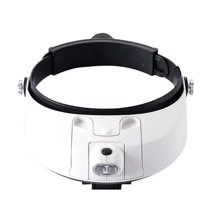 LED headband magnifier with five acrylic lenses and adjustable strap for hands-free detailed work