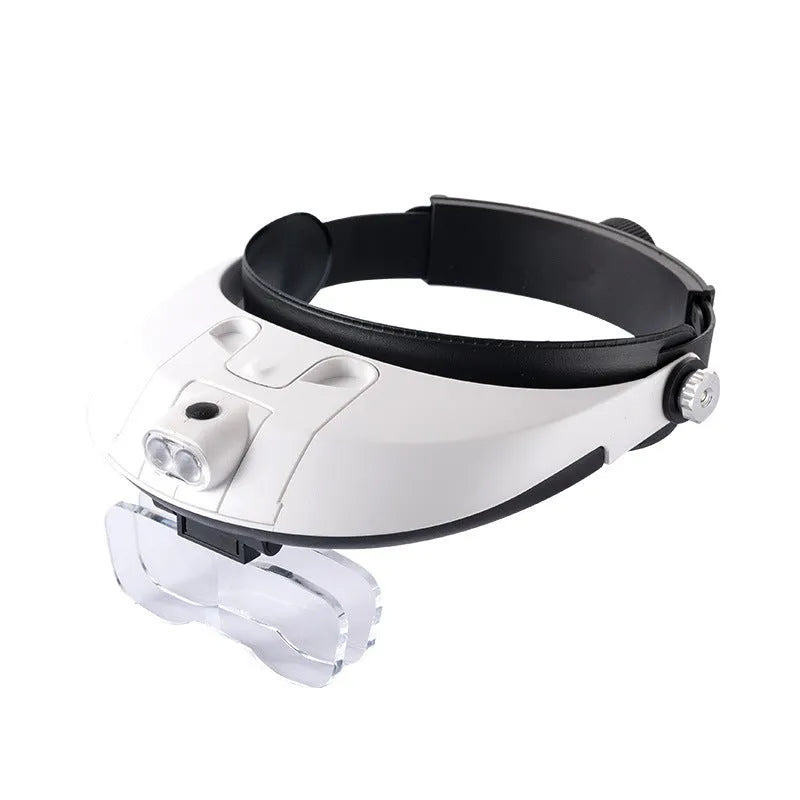 LED headband magnifier with five acrylic lenses and adjustable strap for hands-free detailed work