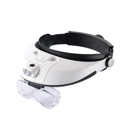 LED headband magnifier with five acrylic lenses and adjustable strap for hands-free detailed work