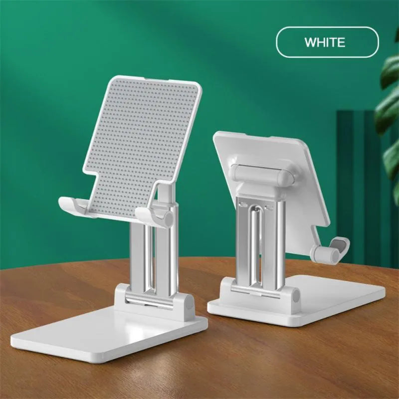 Black adjustable dual-rod lazy bracket holding a smartphone on a desktop.